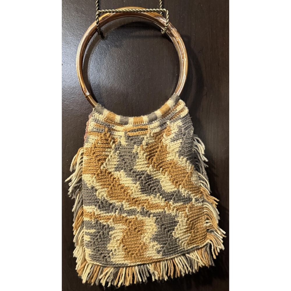 Vintage Crochet Knitted Handbag Womens Tan Gray Fringe Ring Handles Boho 70s